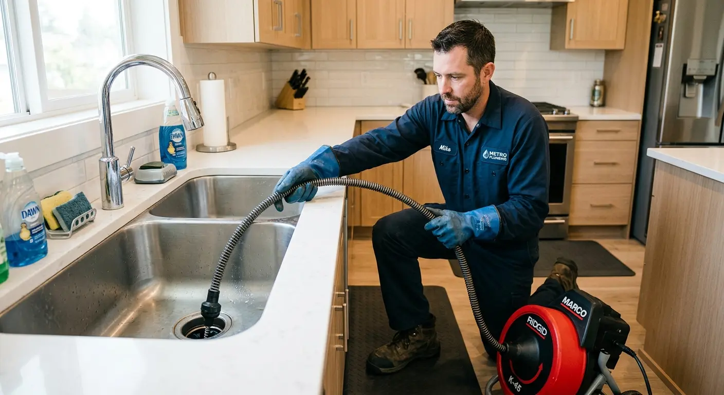 Drain cleaning technician using a motorized snake on a kitchen sink in Suncrest