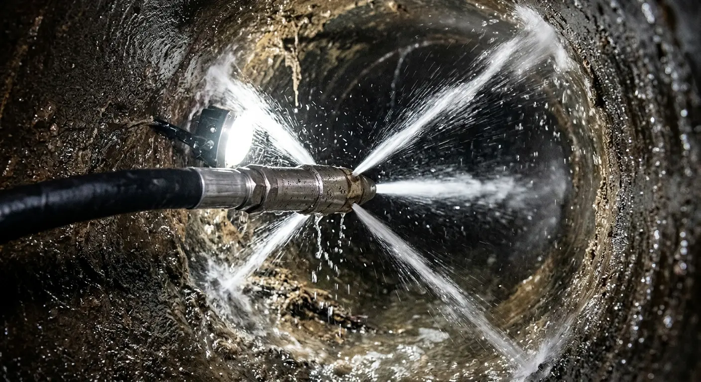 High-pressure hydro jetting nozzle cleaning sewer pipe for Emergency Drain Service in Suncrest