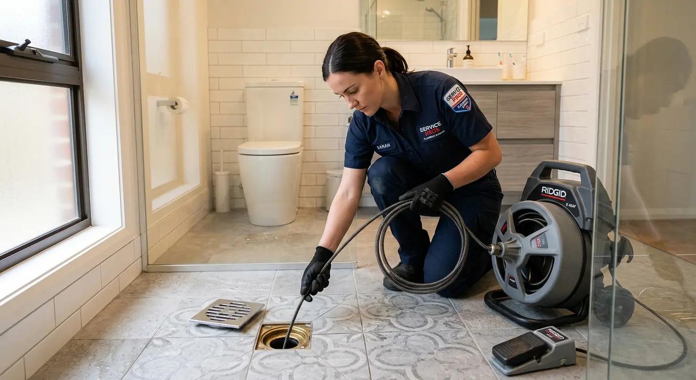 Technician clearing a bathroom floor drain for Drain Repair in Suncrest